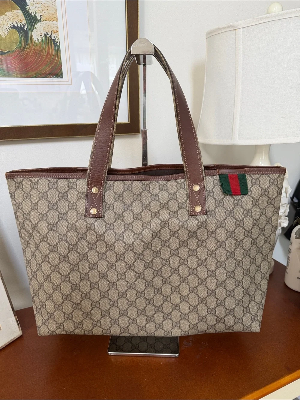 Gucci Beige/Brown GG Canvas Tote with Brown Leather Handles and Green/Red Web